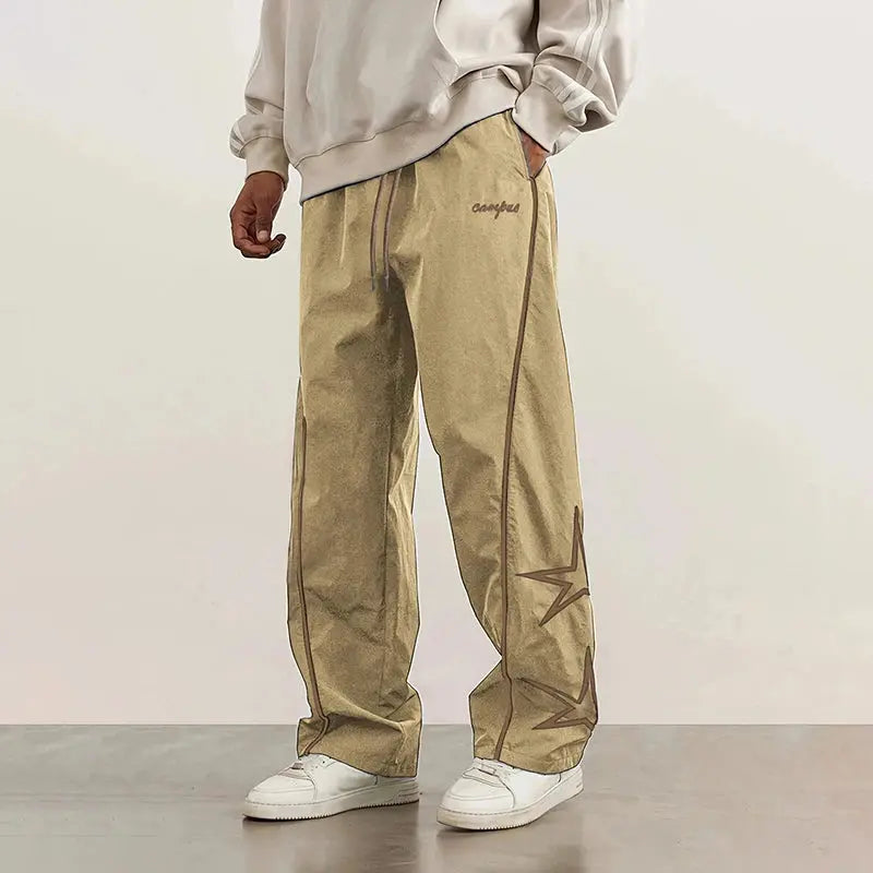 American Casual Baggy Pants Men Cargo Trousers High Street Drawstring Workwear Trendy Loose Versatile Straight Wide-Leg Pants Lounj 